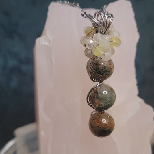 Garden & Rutilated Quartz Pendant | Handmade | Stainless Steel | Wire Wrapped | Stunning Gift