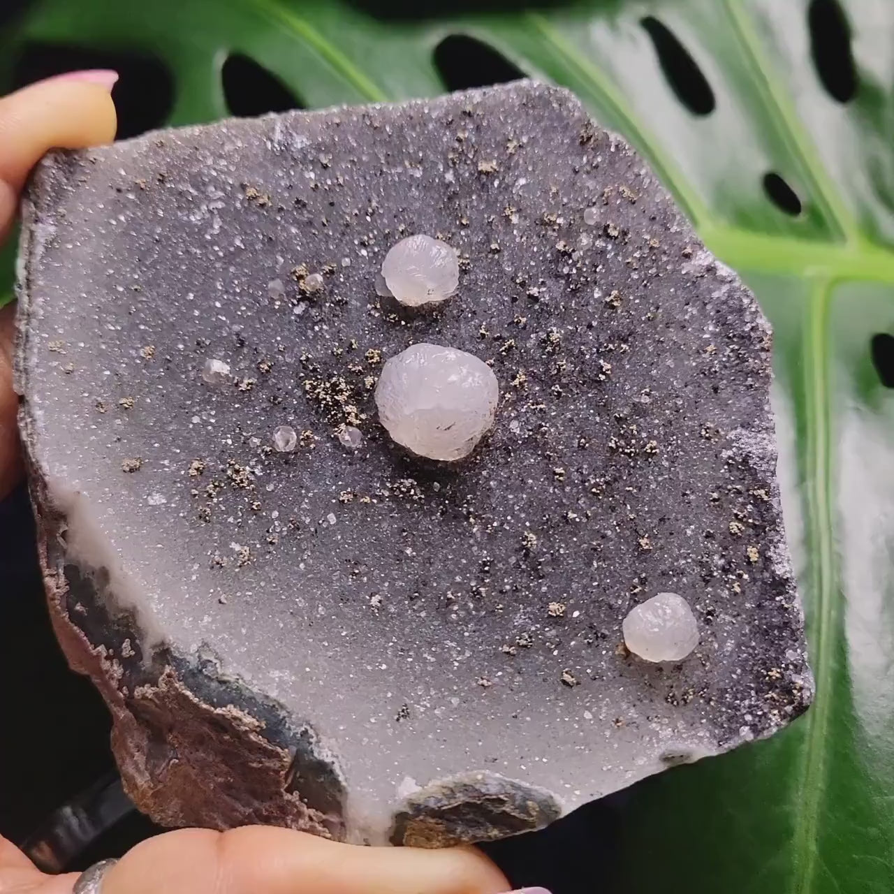 Beautiful Galaxy Amethyst Cutbase with Calcite and Pyrite inclusions-Uruguay-Home Decor-Crystal Collector-Gift Ideas-Black White Gold-228g