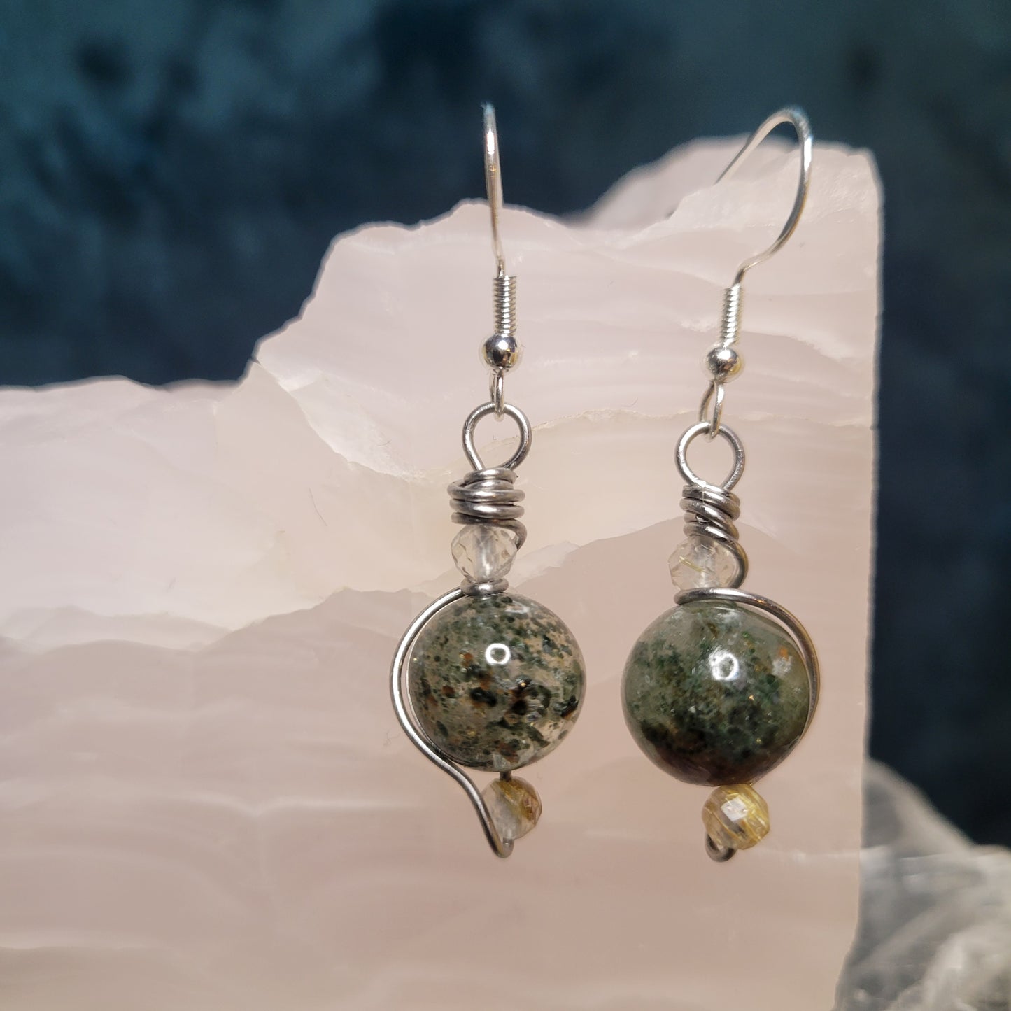 Garden & Rutilated Quartz Earrings | Handmade | Stainless Steel | Wire Wrapped | Stunning Gift