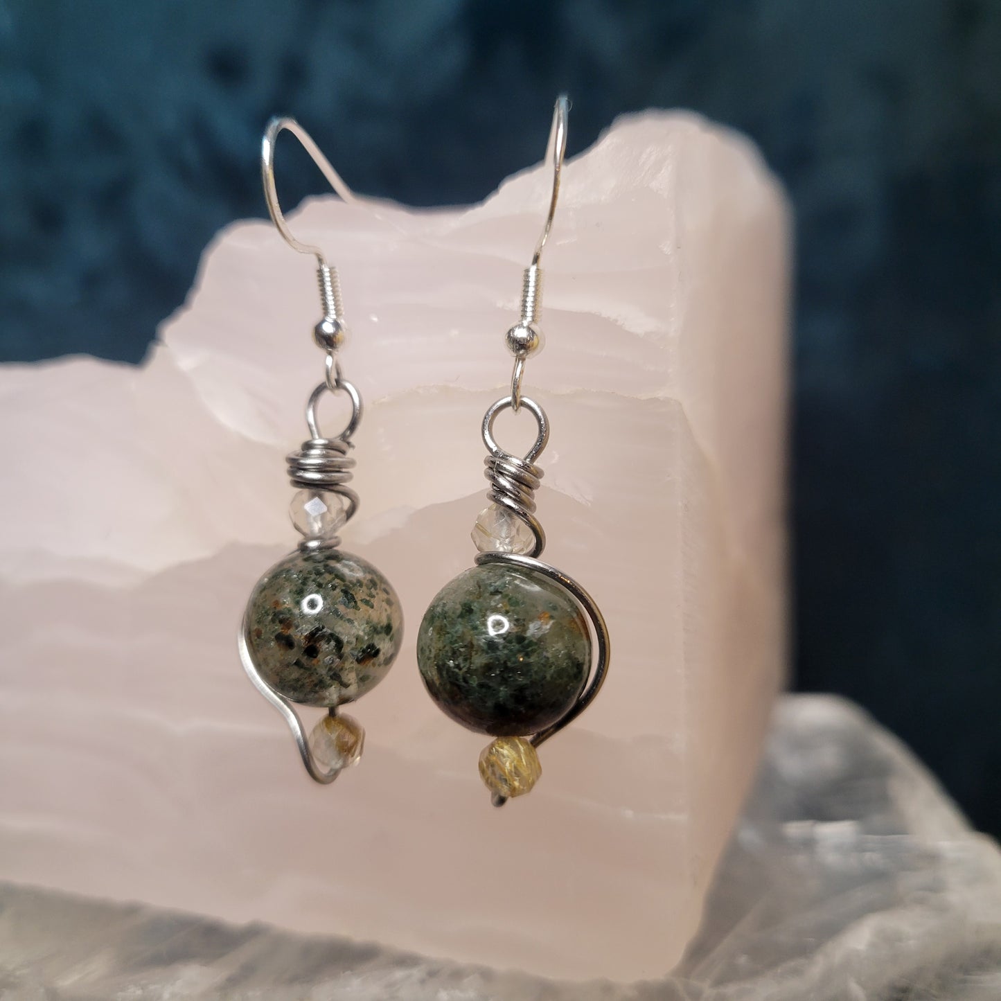 Garden & Rutilated Quartz Earrings | Handmade | Stainless Steel | Wire Wrapped | Stunning Gift