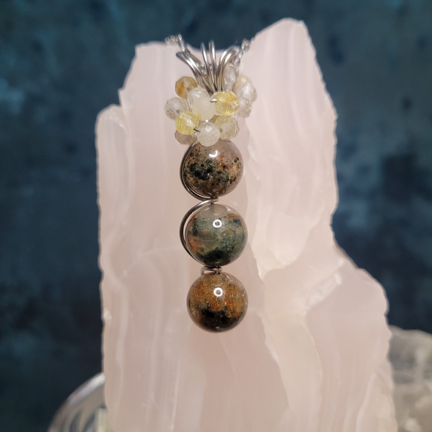 Garden & Rutilated Quartz Pendant | Handmade | Stainless Steel | Wire Wrapped | Stunning Gift